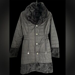 Laundry By Shelli Segal Black Quilted Coat with Faux Fur